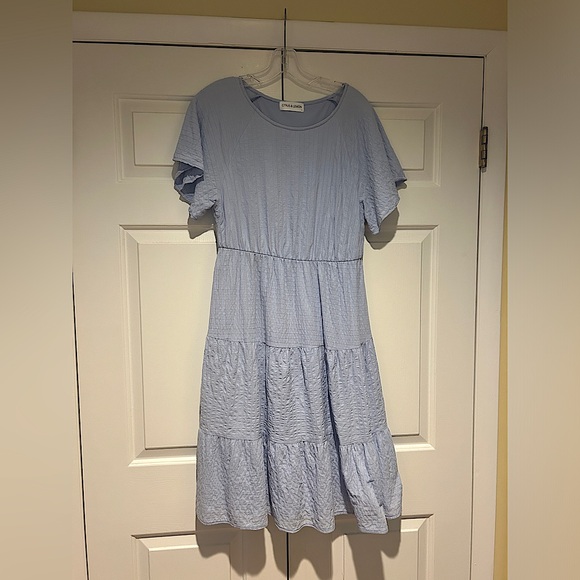Blue Cotton Midi Dress with Short Flutter Sleeves - Picture 1 of 2